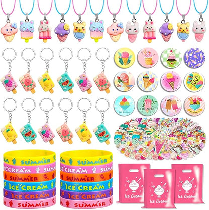 110 PCS Ice Cream Party Favors Cute Ice Cream Necklace Goodie Bags with Keychains, Stickers, Rubber Bracelets, Button Pins and Bags for Summer Themed Birthday Party Baby Shower