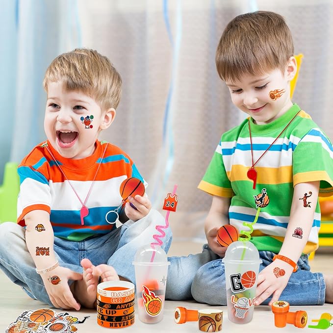 146 Pcs basketball Party Favors, Sports Party Supplies with Cup Straw Basketball Keychain Tattoo Sticker Slap Bracelet Whistle Treat Bag Fillers for Classroom Rewards Birthday Party (Basketball)