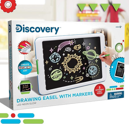 Discovery Kids Neon Glow Drawing Easel w/ 6 Color Markers, Built-in Kickstand/Wall Mount, 5 Light Modes, Easy Clean/Washable, Wide Screen, Flat Storage, Portable Travel Activity, Electronic Activity