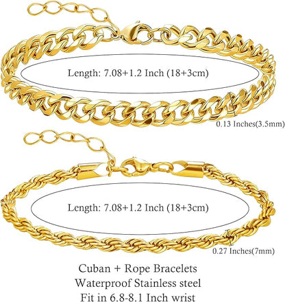 PEALICIOUS Bracelets for Men Jewelry as 2 PCS Silver/Gold Bracelet for Men Chain, 7-10In Stainless Steel Bracelets for Men Fathers Days Gifts for Boys Pulseras Para Hombres Mens Accessories
