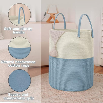 JMvicyroam Large Woven Laundry Basket Hamper,60L Cotton Rope Storage Bin for Blankets,Toys and Clothes,Decorative Tall Nursery Hamper for Living Room,Baby Nursery,Bathroom and Bedroom,White and Blue