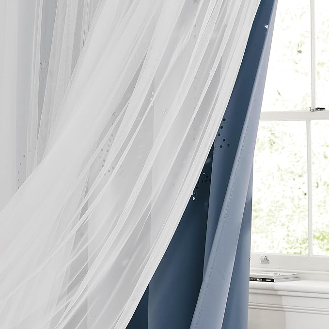 NICETOWN Nursery Curtains for Girls Bedroom Hollow-Out Star Window Curtain 84 inches Length Room Darkening Grommet 2 Layers for Nursery, (Stone Blue, W52 X L63, 2 Panels)