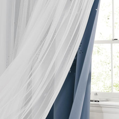 NICETOWN Nursery Curtains for Girls Bedroom Hollow-Out Star Window Curtain 84 inches Length Room Darkening Grommet 2 Layers for Nursery, (Stone Blue, W52 X L63, 2 Panels)