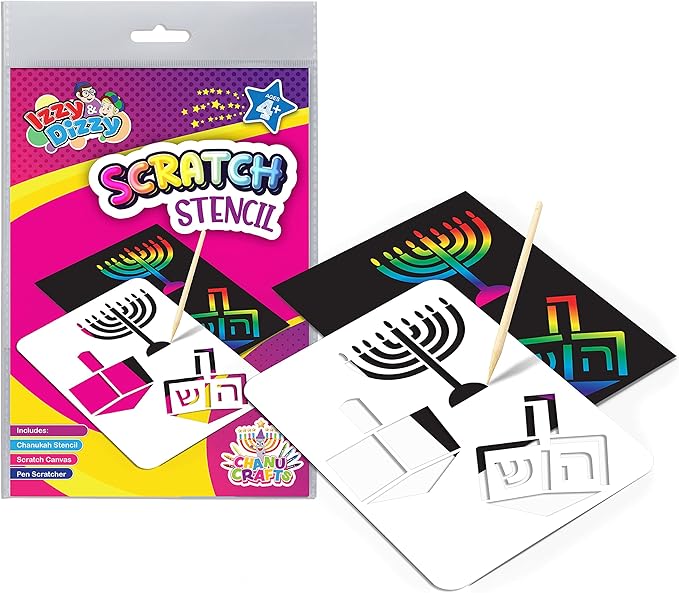 Izzy 'n' Dizzy Hanukkah Scratch Stencil Art Kit - 8" x 6" - Includes Sctatch Stick - Chanukah Arts and Crafts - Gifts and Games