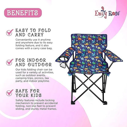 Emily Rose Kids Folding Chair | Beach Chair with Safety Lock- Camping Chair for Boys Girls Toddler with Cup Holder & Carry Case- Tailgate, Travel, Lawn- for Indoor & Outdoor (Playful Dinosaurs)
