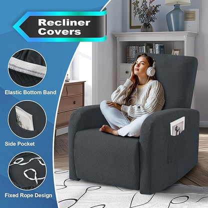 JIVINER 3 Piece Small Recliner Covers for Large Recliner with Pockets Stretch Jacquard Lazy Boy Reclining Couch Cover Soft Furniture Couch Protector with Elastic Bottom (1 Seater Small, Dark Gray)