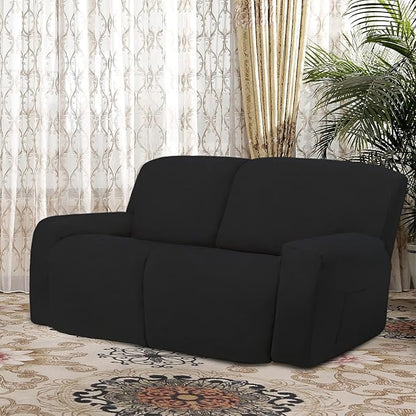 Easy-Going Oversized 6 Pieces Microfiber Stretch Sectional Recliner Loveseat Sofa Slipcover Soft Fitted Fleece 2 Seats Couch Cover Washable Furniture Protector with Elasticity for Kids Pet Black