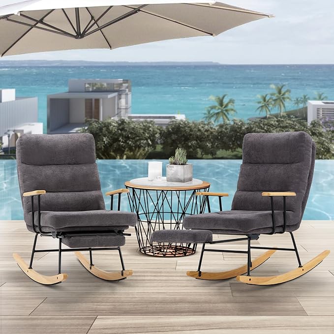 Rocking Chair with Footrest-Glider Rocker Chair with Retractable Footrest and Adjustable Backrest, Teddy Upholstered Rocking Chair Set of 2, Accent Chair for Living Room/Nursery/Bedroom/Outdoor-Grey