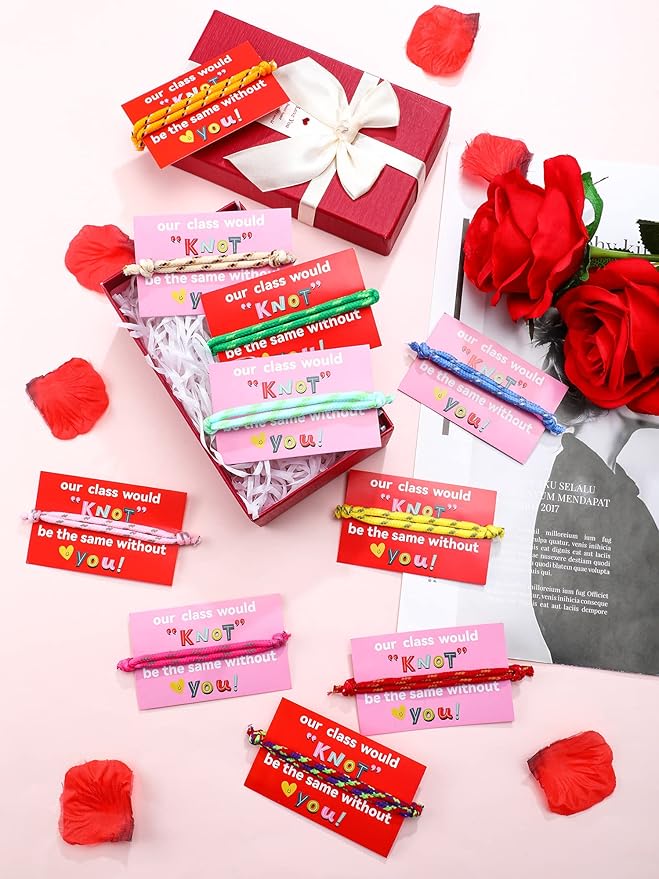 100 Pieces Valentine Knot Bracelets with Card Neon Rope Woven Friendship Bracelets for Kids Adjustable Rope Bracelets Bulk for Girls Boys Classroom Valentine Exchange Gifts Party Favors, 10 Colors