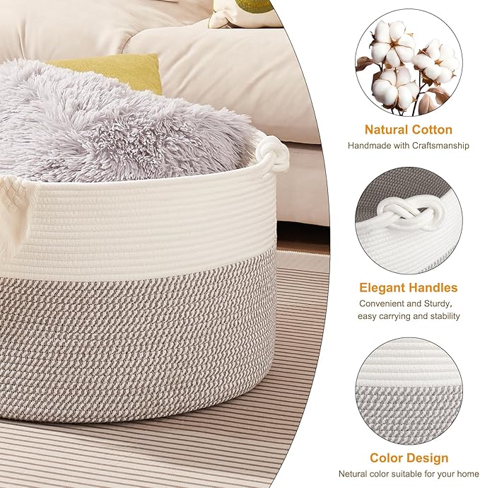 OIASKET Large Blanket Storage Basket for Living Room, 22.8" x 22.8" x 13" Woven Cotton Rope Basket with Handles, Baby Toy Storage, Laundry Hamper for Clothes, Pillows, Towels-Grey and White