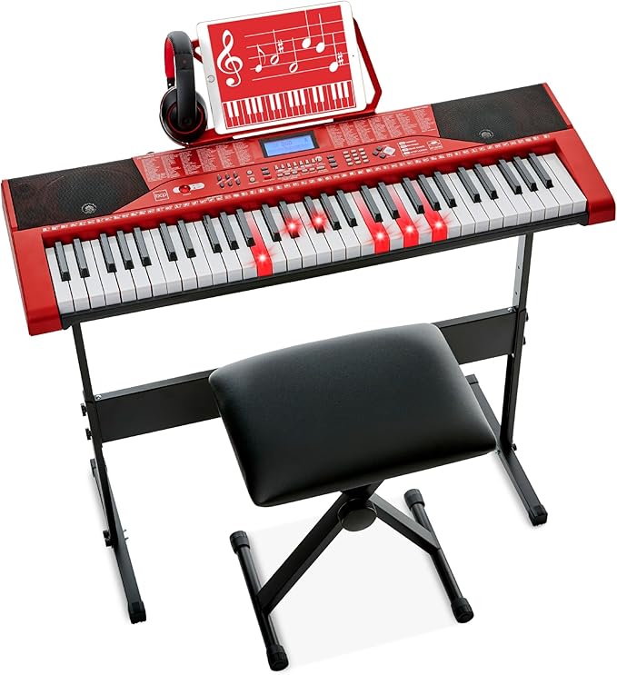 Best Choice Products 61-Key Beginners Complete Electronic Keyboard Piano Set w/Lighted Keys, LCD Screen, Headphones, Stand, Bench, Teaching Modes, Note Stickers, Built-In Speakers - Red