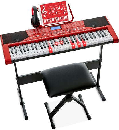 Best Choice Products 61-Key Beginners Complete Electronic Keyboard Piano Set w/Lighted Keys, LCD Screen, Headphones, Stand, Bench, Teaching Modes, Note Stickers, Built-In Speakers - Red