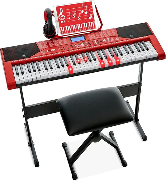 Best Choice Products 61-Key Beginners Complete Electronic Keyboard Piano Set w/Lighted Keys, LCD Screen, Headphones, Stand, Bench, Teaching Modes, Note Stickers, Built-In Speakers - Red
