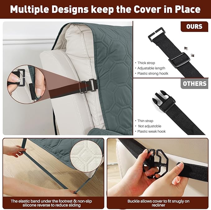 XINEAGE 100% Waterproof Recliner Chair Cover, Non Slip Covers for Recliner Chair with Pocket, Washable Dog Recliner Couch Cover with Elastic Straps (Dark Gray, 30")