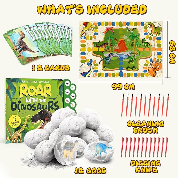 Dino Eggs Dig Kit, 12 Pack Dinosaur Eggs Excavation Set, Easter Gift Dinosaur Toys Science Experiments Kits with 12 Cards, Easter Basket Stuffers Toys for 3 4 5 6 7 8 9 10 11 Year Old Boys Girl