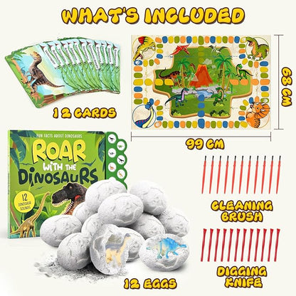 Dino Eggs Dig Kit, 12 Pack Dinosaur Eggs Excavation Set, Easter Gift Dinosaur Toys Science Experiments Kits with 12 Cards, Easter Basket Stuffers Toys for 3 4 5 6 7 8 9 10 11 Year Old Boys Girl