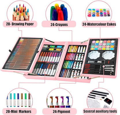 KINSPORY Art Supplies, 139 Pack Painting Drawing Art Kit with 2 Sketch Pads, Deluxe Double Layers Art Set Crafts, Colored Pencils, Oil Pastels, Watercolor Paints, Gift for Artists Kids (Rose Pink)
