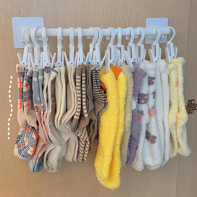 HGYZE Kid Pants Hanger Organizer with 10 Clips: Plastic Baseball Cap Display Holder, White Closet Rail Wall Mounted Door Rack for Drying Baby Socks, Cloth Diapers, Towel, Hats, Toddler Leggings