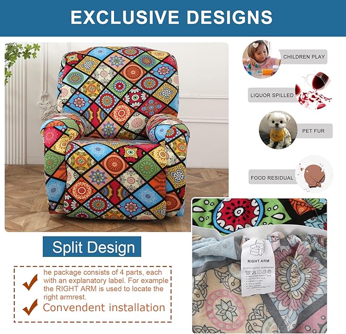 NILUOH Recliner Chair Covers 4-Pieces Stretch Lazy Boy Recliner Covers with Pocket Floral Pattern Reclining Slipcovers Soft Sofa Slipcover Furniture Protector for Pets Kids (Recliner, Pattern 20)