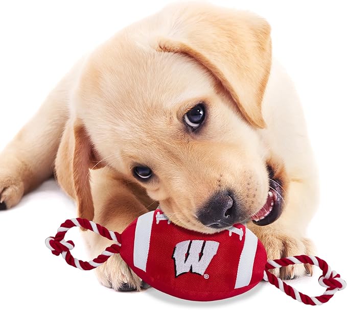 Pets First NCAA Wisconsin Badgers Football Dog Toy, Tough Quality Nylon Materials, Strong Pull Ropes, Inner Squeaker, Collegiate Team Color, 1 Count (Pack of 1)