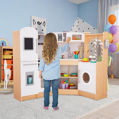 Lil' Jumbl Kids Corner Kitchen Set, Pretend Wooden Deluxe Play Kitchen, Battery Operated Icemaker, Stovetop & Faucet with Realistic Sound - Natural