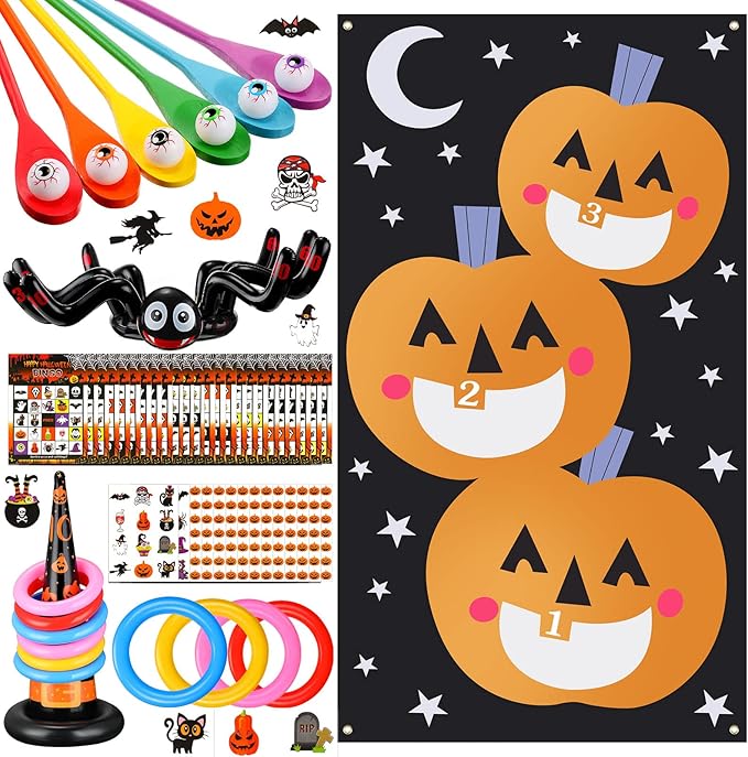 Libima Halloween Party Games Set Includes Pumpkin Bean Bag Toss Games Inflatable Spiders Witch Hat Toss Game Halloween Eyeball Spoon Relay Race Game Bingo Game for Kids Adults, 4 types