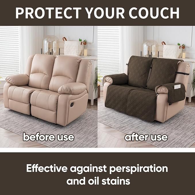 Easehomey Waterproof Loveseat Recliner Cover,Non Slip Reclining Couch Covers for 2 Seat,Dog Chair Cover Furniture Protector Washable Chair Cover with Pocket for Kids,Pets,Dogs(Coffee,2Seat)