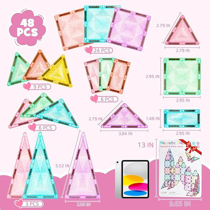 WMXDU Large Pastel Magnetic Tiles - 48 Pcs Macaron-Colored Glitter Magnetic Blocks with Travel Metal Storage Box - Diamond STEM Toys for Girls Ages 3-8 - Portable Sensory Building Set for Kids