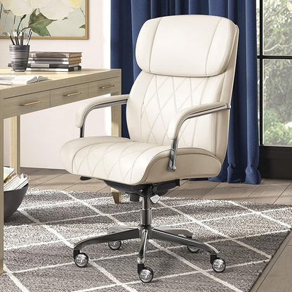 La-Z-Boy Sutherland Quilted Leather Executive Office Chair with Padded Arms, High Back Ergonomic Desk Chair with Lumbar Support, Ivory White Bonded Leather