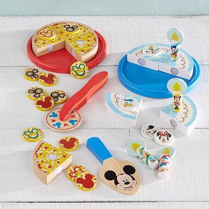 Melissa & Doug Mickey Mouse Wooden Pizza and Birthday Cake Set (32 pcs) - Play Food