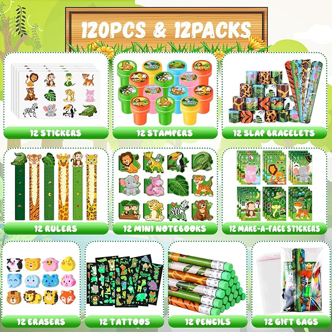 BenLouis 120Pcs Jungle Safari Party Favors Zoo Animals Sticker Stampers Slap Bracelets School Stationery Set Bulk Classroom Prizes for Kids Wild One Party Baby Shower Goodie Bags Fillers