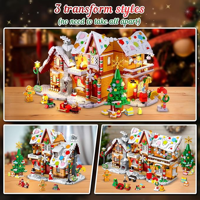 3 Style Christmas Gingerbread House Building Set with LED Light - 2024 Snowscape Village House Building Block Toy with Santa Claus Xmas Tree Train Gifts for Adults Kids Girls Boys Ages 8+ (1397 PCS)