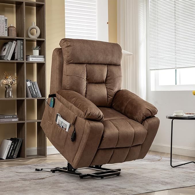 FANYE Electric Power Lift Chair for Elderly W/Massage and Heat, Infinite Positions 2 Remote Controllers Oversized Velvet Upholstered Recliner & Armchair W/Side Pockets & Hidden Cup Holders, Coffee V