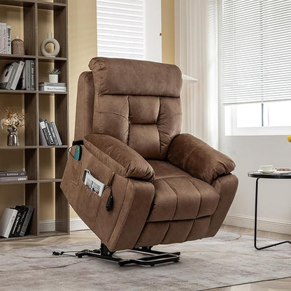 FANYE Electric Power Lift Chair for Elderly W/Massage and Heat, Infinite Positions 2 Remote Controllers Oversized Velvet Upholstered Recliner & Armchair W/Side Pockets & Hidden Cup Holders, Coffee V