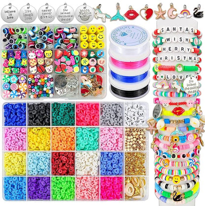 Wakestar Clay Beads Bracelet Making Kit,Flat Round 6mm Clay Beads for Jewelry Making with Pendant Charms Kit,Art Crafts Gift Sets for Girls Ages 3 4 5 6 7 8 9 10 11 12