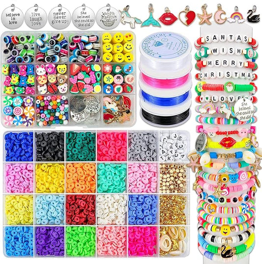 Wakestar Clay Beads Bracelet Making Kit,Flat Round 6mm Clay Beads for Jewelry Making with Pendant Charms Kit,Art Crafts Gift Sets for Girls Ages 3 4 5 6 7 8 9 10 11 12