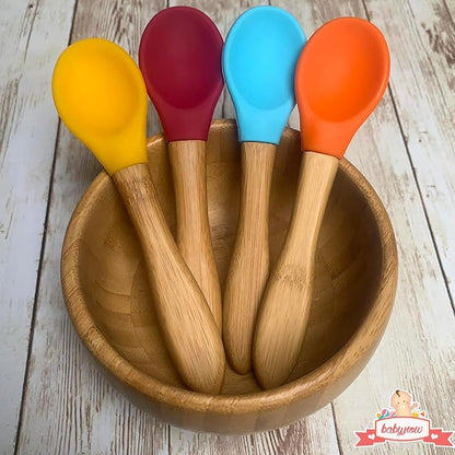 Baby Spoons Bamboo Feeding Spoon 5.5" with Silicone Tip BPA Free Toddler Food Spoons Yellow 2 PACK