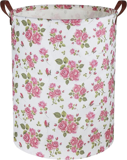 HIYAGON Roses Pink Laundry Basket Baby Girls Laundry Hamper Kids Toy Storage Bins Organizer Gift Basket Pink Rose Bedroom Decor Bathroom(Pink Rose)