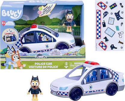Bluey Police Car Toy, Vehicle from The Special Episode The Sign. Includes Toy Police Car with Flashing Lights & Sounds, Policeman Figure, and Themed Sticker Set. Batteries Included.