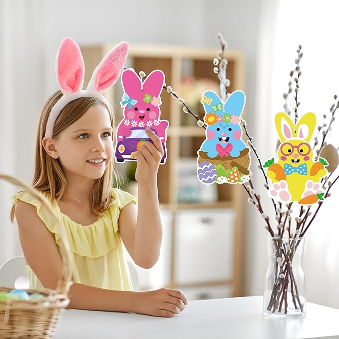 3sscha 123Pcs Easter Bunny Craft Kit for Kids - DIY Make Your Own Bunny Card Set Self-Adhesive Sticker Handmade Artwork Decoration Holiday Celebration Classroom Home Activity Gift Party Favor Supplies