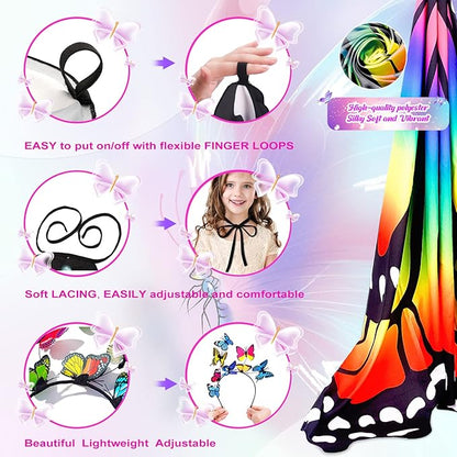 Butterfly Wings For Girls, Double-Sided Fairy Wings, Halloween Costumes for Kids, 3PCS Butterfly Cape Set.