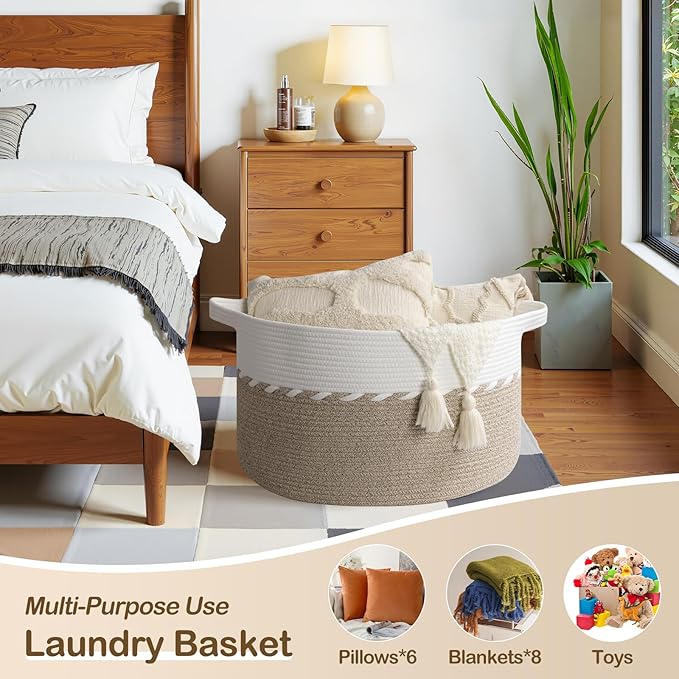 OIAHOMY 105L Blanket Basket for Living Room, Large Basket 23.6" x 23.6" x 14.6" with Handle, Laundry Hamper for Blankets, Pillows, Toy Storage for Kids, Dogs - Light Brown & White