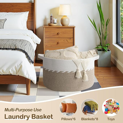 OIAHOMY 105L Blanket Basket for Living Room, Large Basket 23.6" x 23.6" x 14.6" with Handle, Laundry Hamper for Blankets, Pillows, Toy Storage for Kids, Dogs - Light Brown & White