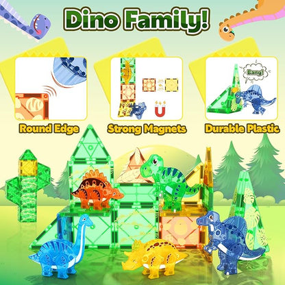 Dinosaur Toys Magnetic Tiles 3D Movable Dinos for Kids 3-5 5-7 Toddler Outdoor Sensory Toys, STEM Educational Magnetic Blocks for 3+ Years Old Boys Girls Kids Toys