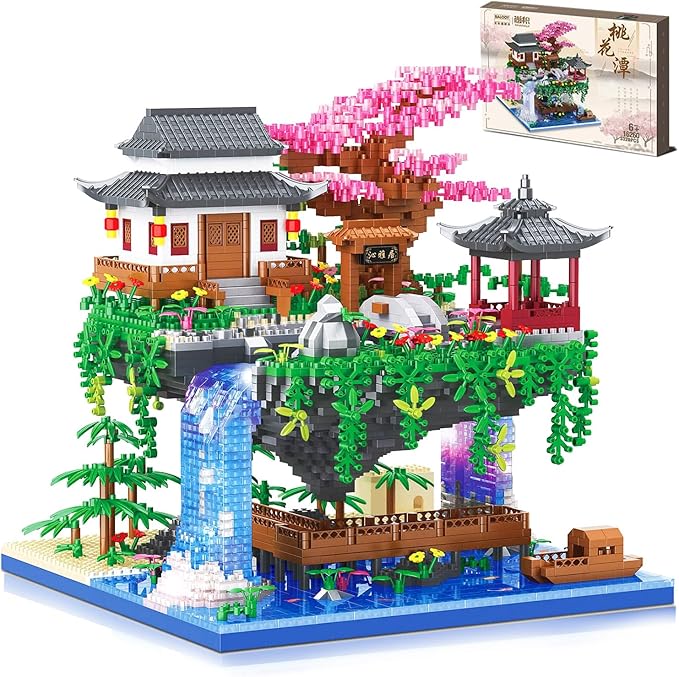 Peach Blossom Pond Micro Building Blocks Set Toys for Kids and Adults, Mini Cherry Bonsai Tree House with LED String Lights DIY Japanese Sakura Street Model Chinese Bricks Architecture Kit Teens Gift