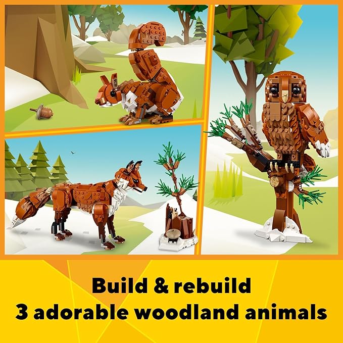 LEGO Creator 3 in 1 Forest Animals Red Fox Toys - Building Toys for Kids, Boys & Girls, Ages 9+ - W/ 3 Building Options into Fox, Owl, or Squirrel - Gift for Birthdays - 31154