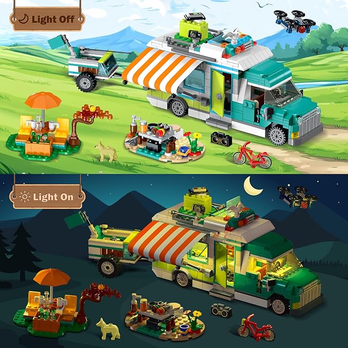 HOGOKIDS City Camper Van Building Set with LED Light - 3-IN-1 Holiday RV Camping Building Toy for Kids 879PCS with Tent BBQ Grill Vehicles Friends Creative Adventure Gift for Boys Girls 6-12 Years Old