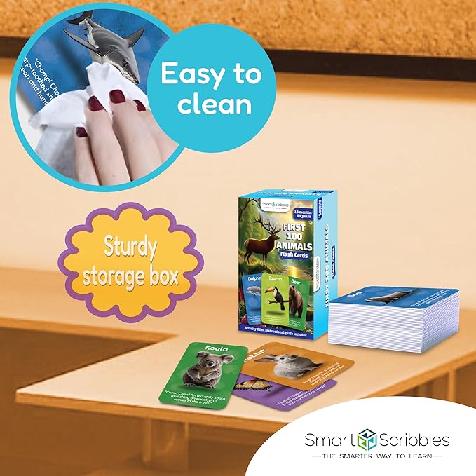 Smart Scribbles Thick Flash Cards for Toddlers - First 100 Animals, Montessori Learning Toys & Educational Games, Ages 18 Months-99 Years, Home Schooling, Travel & Speech Therapy Toys