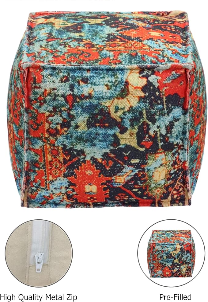 COTTON CRAFT Printed Pouf - Ottoman Foot Stool Bean Bag - Dorm Kids Room Bedroom Home Décor Accent Seating - Boho Modern Comfortable Prefilled Cotton Square Pouf Footrest - 17x17x17 inch - Teal Aqua