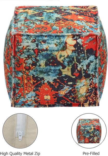 COTTON CRAFT Printed Pouf - Ottoman Foot Stool Bean Bag - Dorm Kids Room Bedroom Home Décor Accent Seating - Boho Modern Comfortable Prefilled Cotton Square Pouf Footrest - 17x17x17 inch - Teal Aqua